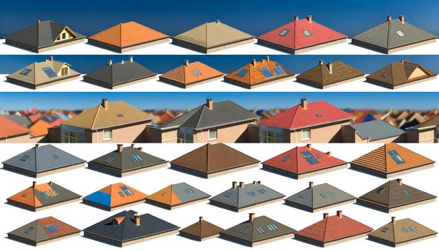 A grid of triangular and square house roofs in various colors, styles, and sizes against a clear blue sky.