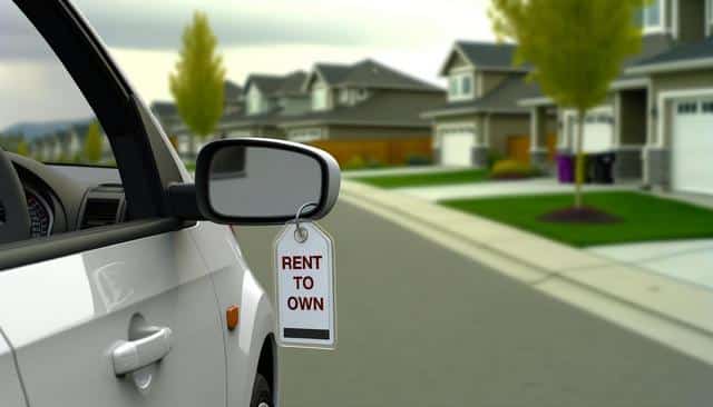 A car side mirror shows a "Rent to Own" sign; blurred houses line the street.