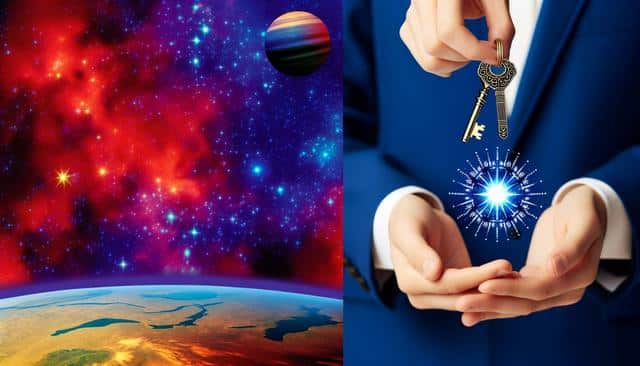 A vibrant galaxy scene transitions to a person in a blue suit holding keys and a glowing orb.