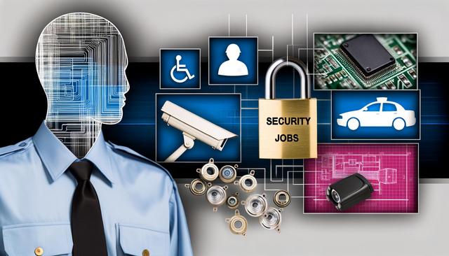 Digital profile, security camera, computer chip, lock with "Security Jobs," car silhouette, multiple icons.