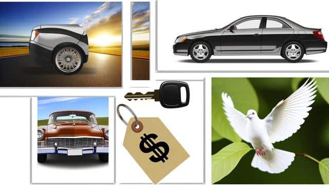 A collage of car images, a key with a price tag, and a white dove with leaves.