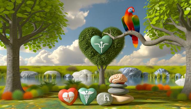 A colorful parrot on a branch between two trees, a heart-shaped hedge, and medical-themed heart icons near a pond.