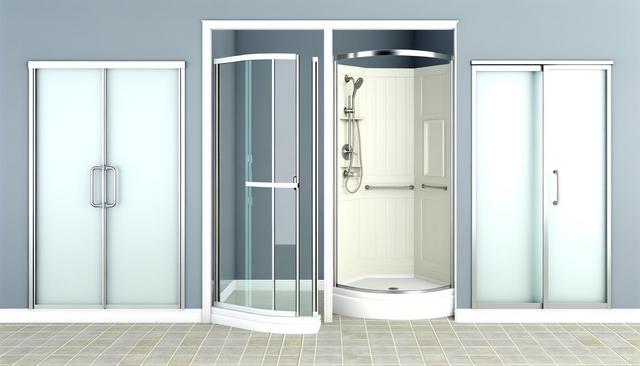 Three modern shower enclosures with glass doors and metal frames on a tiled floor.