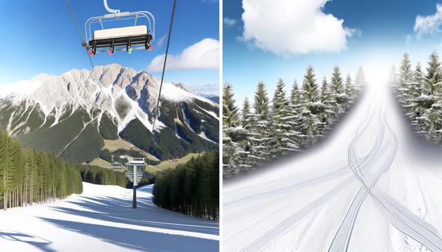 Split image: Left shows a ski lift over snowy mountains and forests; right shows ski tracks on a snowy path lined with trees.