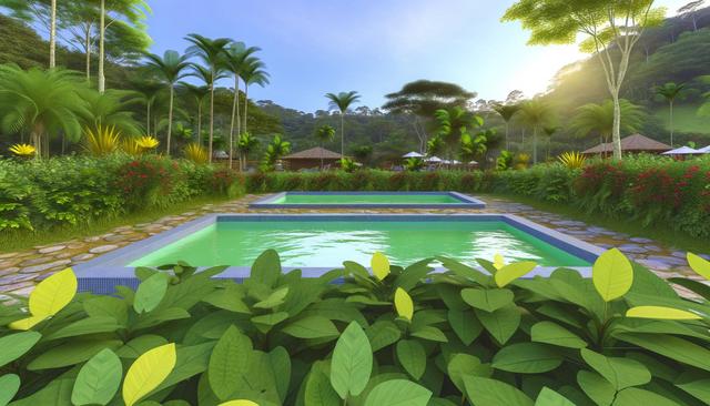 A tropical garden with palm trees, lush greenery, and two small pools under a blue sky.