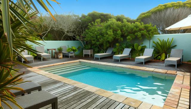 A serene outdoor pool surrounded by wooden decking, lounge chairs, and lush green foliage.