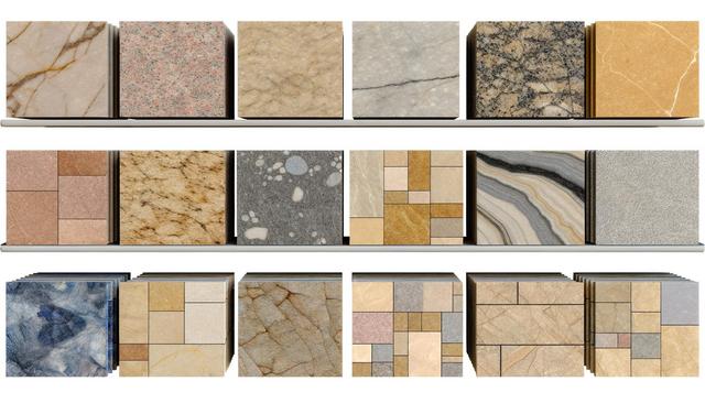 A display of various stone tile samples in different colors and patterns arranged on shelves.