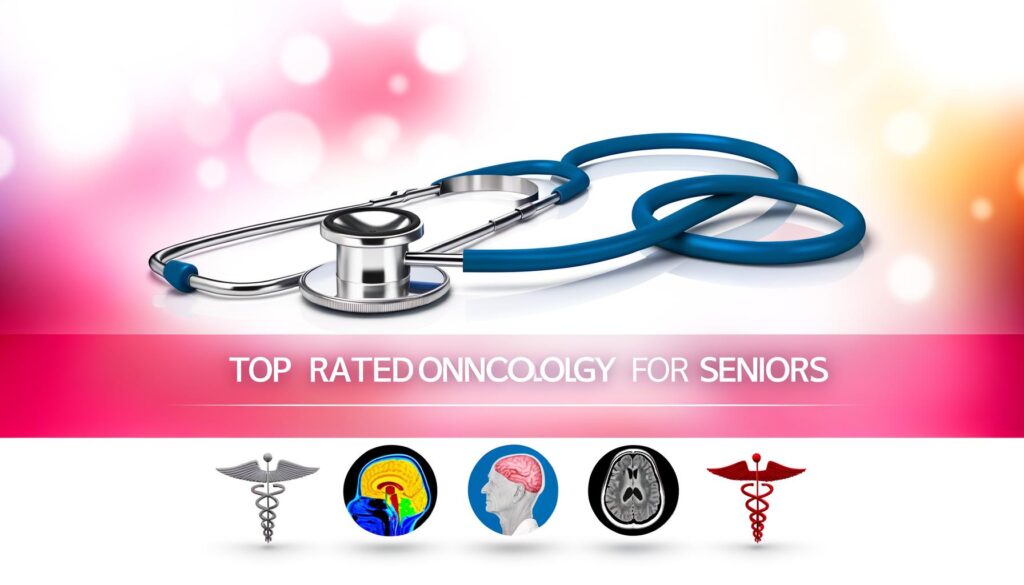 A stethoscope with text "Top Rated Oncology for Seniors" on a pink gradient background, and medical symbols below.