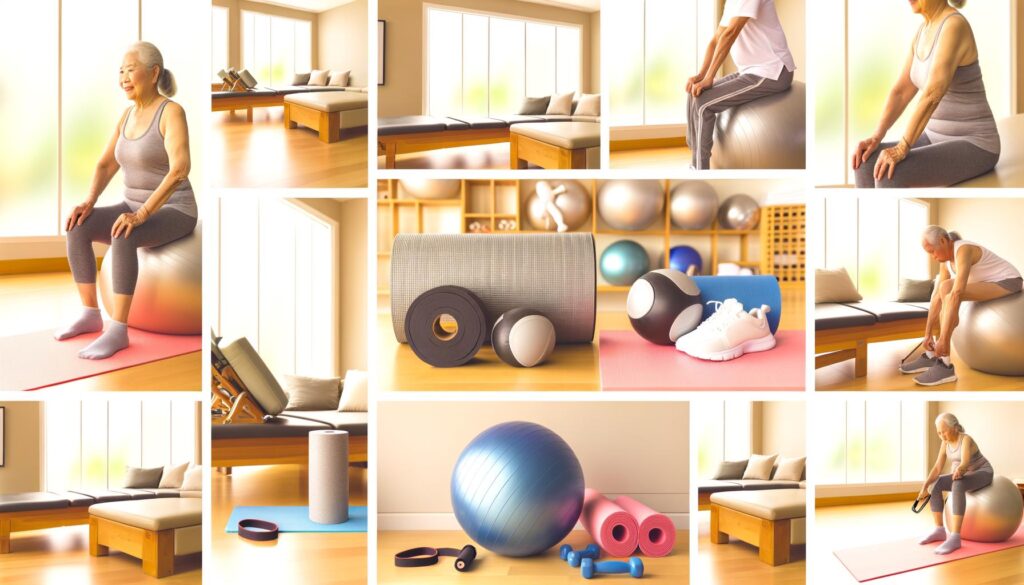 Collage of a woman exercising with a stability ball and various fitness equipment, in a bright, minimalist room.