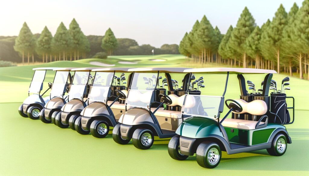 Six golf carts lined up on a golf course with trees in the background.