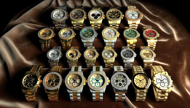 A collection of luxury watches with gold and silver bands displayed on a brown satin cloth.