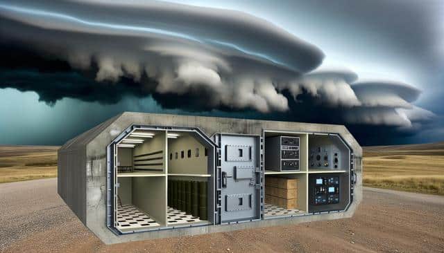 A concrete bunker with open compartments revealing military supplies is set against a dramatic sky with dark, swirling storm clouds.