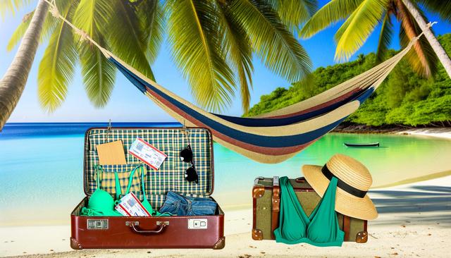 Open suitcase with clothes and tickets on a tropical beach, hammock under palm trees.