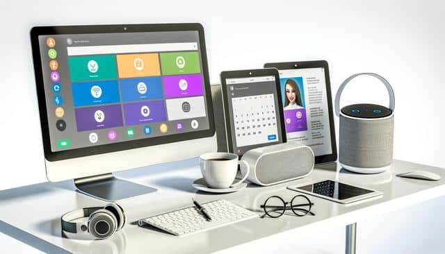 A desk with various gadgets including a computer, tablet, smart speaker, headphones, cup of coffee, keyboard, and glasses.