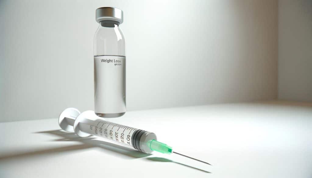 A syringe and a vial labeled "Weight Loss Injection" on a white surface.