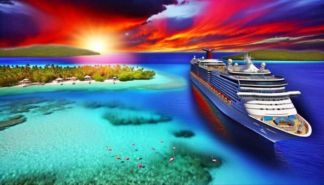 Cruise ship near tropical island at vibrant sunset, flamingos in turquoise water.