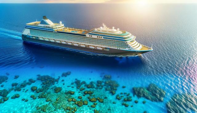 A cruise ship sails on calm blue ocean water above a coral reef, lit by the sun.