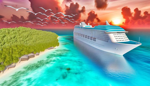 Cruise ship sailing near a lush island with a sunset sky and flying seagulls.