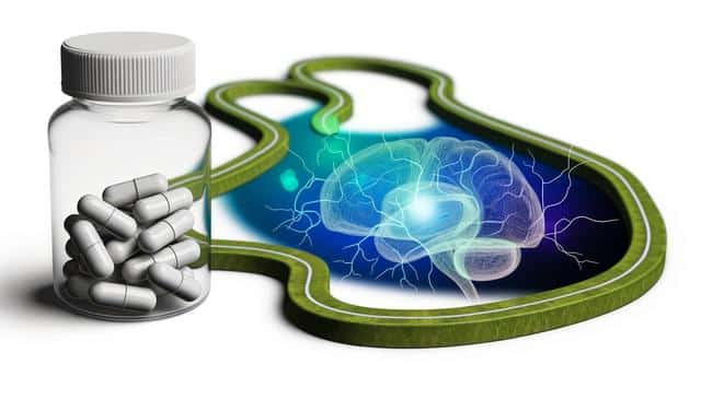 A bottle of capsules next to a 3D neural brain illustration within a human silhouette.