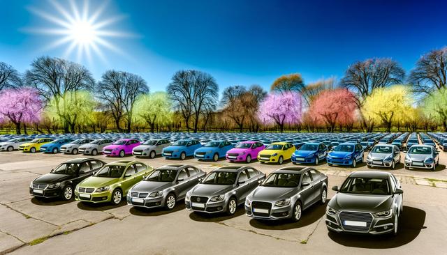 A colorful car lot under a bright sun, with trees showing various pastel shades in the background.