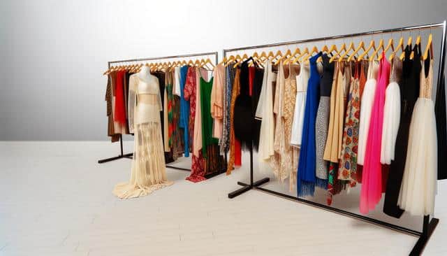 Two racks of colorful dresses on hangers, with a mannequin wearing a beige lace dress on the left.