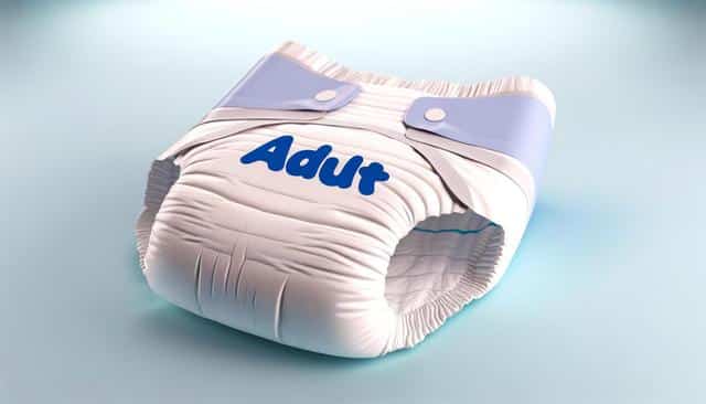 White adult diaper with blue tabs, labeled "Adult."