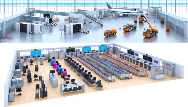 An airport terminal with conveyor belts, airplanes outside, baggage carts, and workers handling luggage.