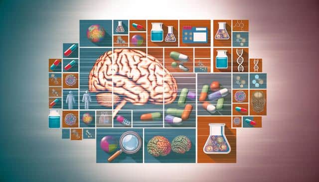 Collage of a brain, pills, laboratory equipment, DNA strands, and scientific graphics.