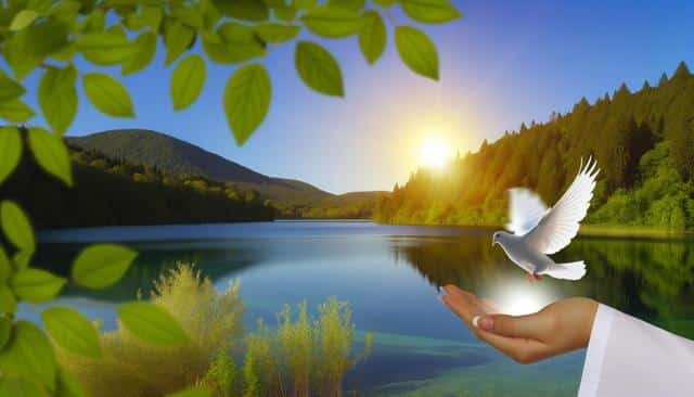 A serene landscape with a lake, forested mountains, bright sun, and a dove being released from a hand.