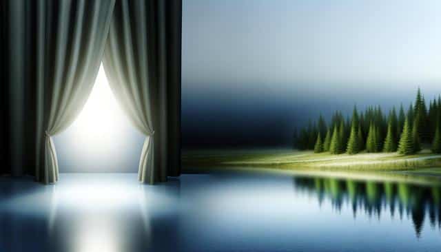 Curtain opens to reveal a forest scene reflected in a calm lake.