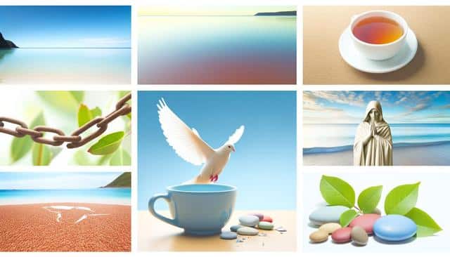 Collage with serene beach scenes, a dove, a cup of tea, a statue, colorful stones, and a chain with leaves.