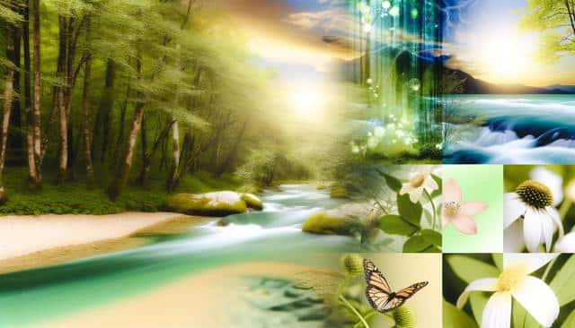 A serene forest with a flowing river, bright sky, and a collage of close-up flowers and a butterfly.