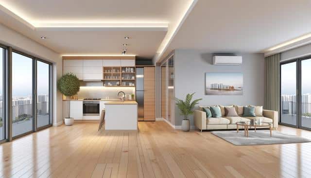 Open-plan living room and kitchen with wooden floors, modern furniture, large windows, and city view.