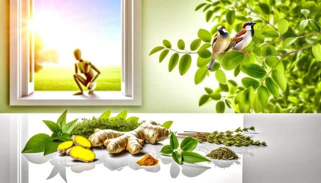 Sunlit room with a wooden mannequin at a window, two birds on leafy branches, and fresh herbs and spices on a reflective surface.