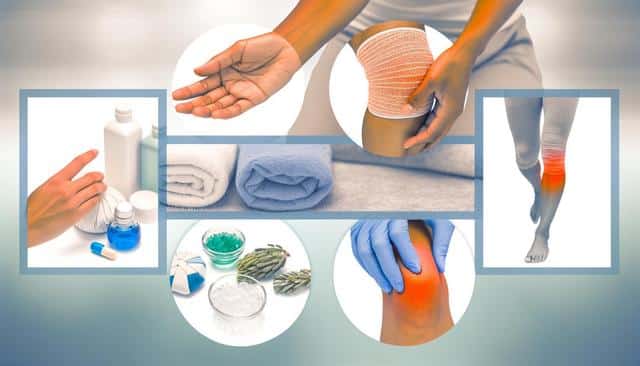 Collage showing knee pain treatments: bandages, creams, cold compresses, and knee support.