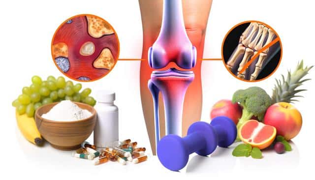 A knee joint with inflammation, surrounded by healthy foods, supplements, and weights.