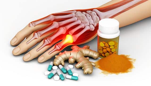 Illustration of an inflamed hand joint, pills, ginger, turmeric root, and powder.