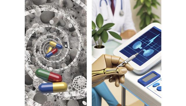 Left side shows colorful pills spiraling over a microscopic pattern; right side features a mechanical hand holding a syringe near a tablet, displaying a brain scan.