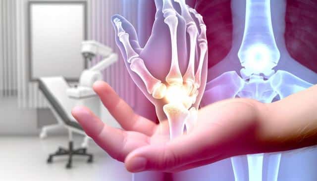 Illustration of hand with highlighted wrist joints overlaid on X-ray imagery, in a medical setting.