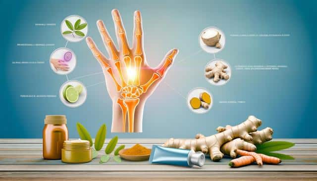 An illustration shows a hand with glowing joints, surrounded by natural remedies like leaves, onion, lime, and turmeric.