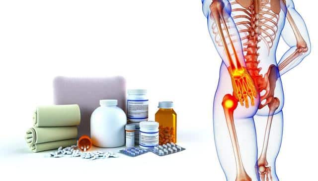 Medical supplies beside a skeletal diagram with inflamed joints.