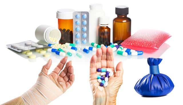 A variety of pills, bottles, a wrapped hand, an ice pack, and a heating pad are depicted.