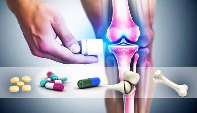 Hand holding a pill bottle near an illustrated knee joint highlighted in blue, with various pills and a bone model below.