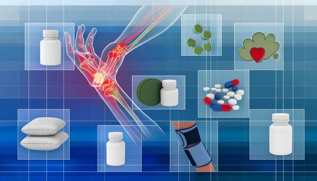 Illustration of an inflamed wrist joint surrounded by pills, bottles, pillows, and a wrist brace on a blue grid background.