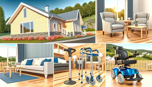 Collage showing an accessible house, cozy interior seating, assistive walking devices, and a mobility scooter.