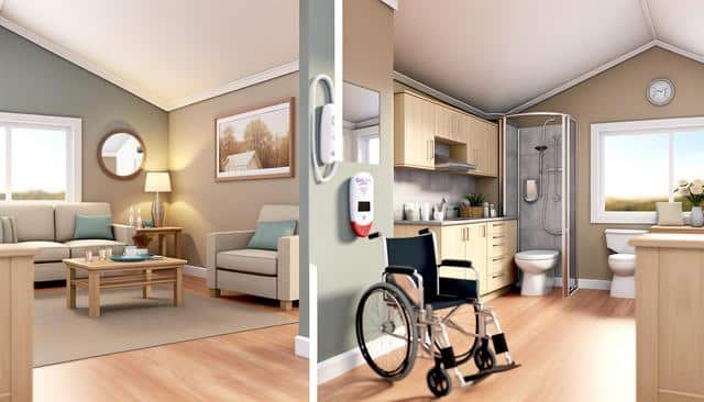 Accessible living room and kitchen with a wheelchair, cozy seating, and a bathroom with a shower.