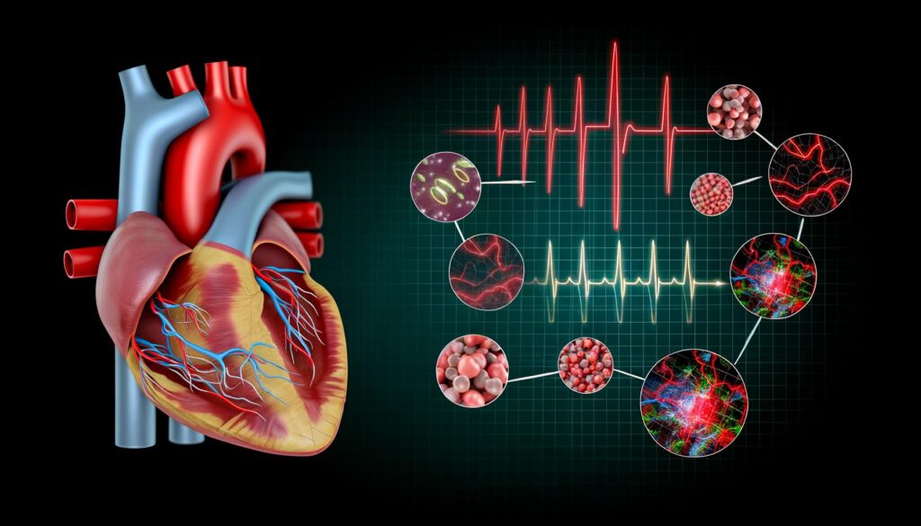 Illustration of a human heart with arteries and veins, alongside an ECG and microscopic views of cells and blood vessels.