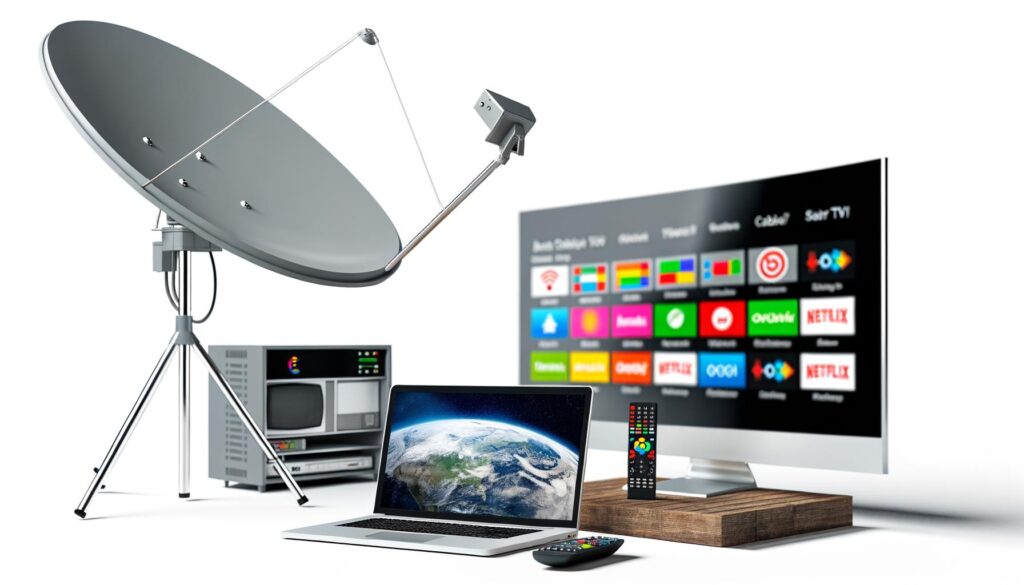 A TV, satellite dish, old television, laptop, and remote are shown.