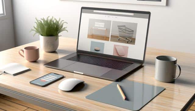 A laptop on a wooden desk with two mugs, a smartphone, a notebook, a plant, a mouse, and a pencil.