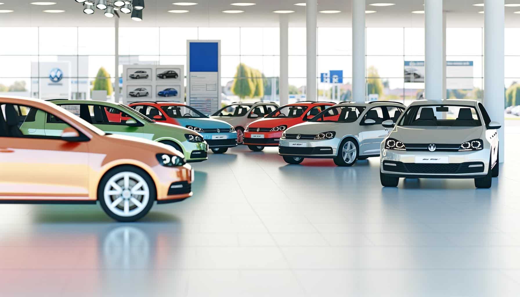 A bright car showroom displaying several colorful cars with large windows and overhead lights.